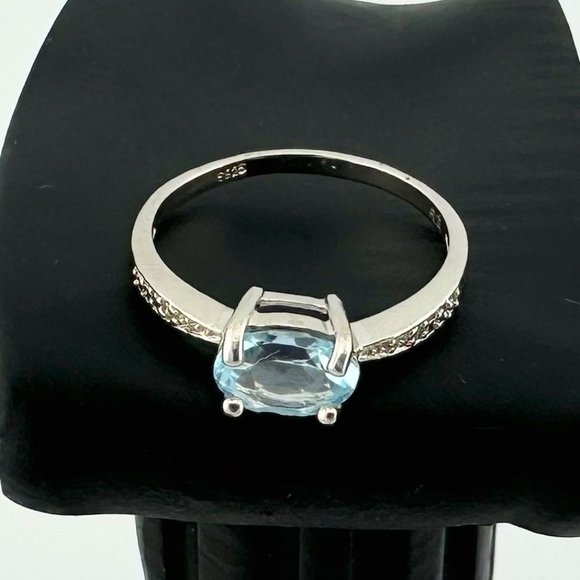 Shimmering Blue Topaz, Oval Cut with Diamond Accent Ring in Sterling Silver - Be - Picture 7 of 9